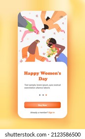 mix race girls on smartphone screen 8 march happy international womens day celebration concept