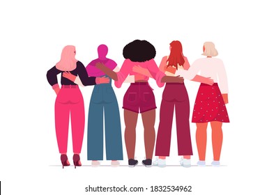 mix race girls standing together female empowerment movement women power concept full length rear view horizontal vector illustration