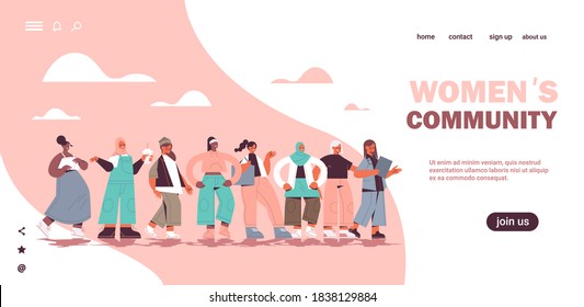 mix race girls standing together female empowerment movement women's community union of feminists concept horizontal full length copy space vector illustration