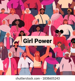 mix race girls standing together female empowerment movement women's power union of feminists concept portrait vector illustration