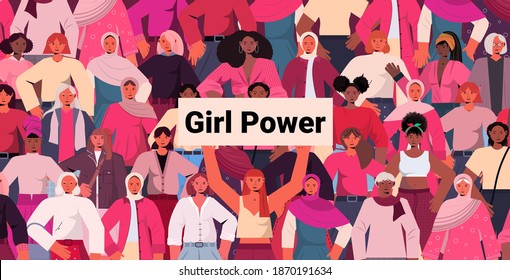 mix race girls standing together female empowerment movement women's power union of feminists concept horizontal portrait vector illustration