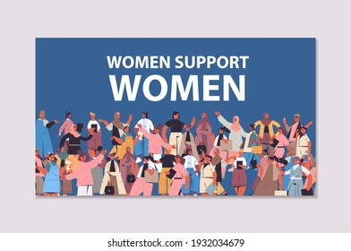 mix race girls standing together female empowerment movement women's supporting each other union of feminists concept horizontal portrait vector illustration