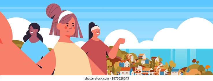 mix race girls taking selfie on smartphone camera happy women making self photo summer vacation concept seascape background horizontal portrait vector illustration