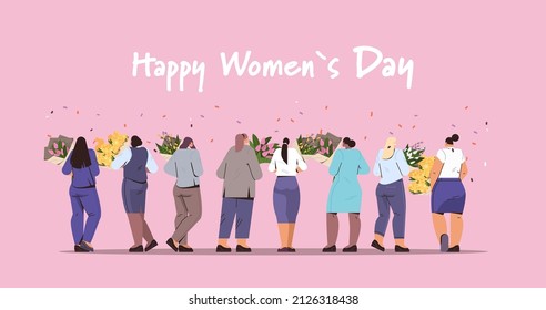 mix race girls walking with flowers bouquets in park 8 march international happy womens day celebration concept