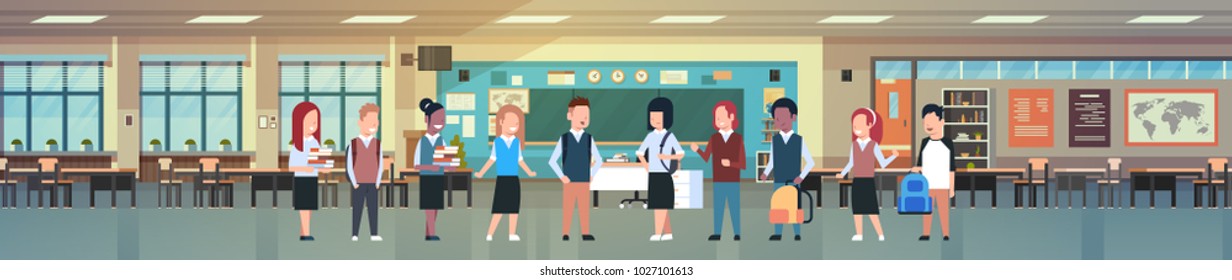 Mix Race Group Of School Children In Classroom Interior, Diverse Pupils In Modern Class Room Horizontal Banner Flat Vector Illustration