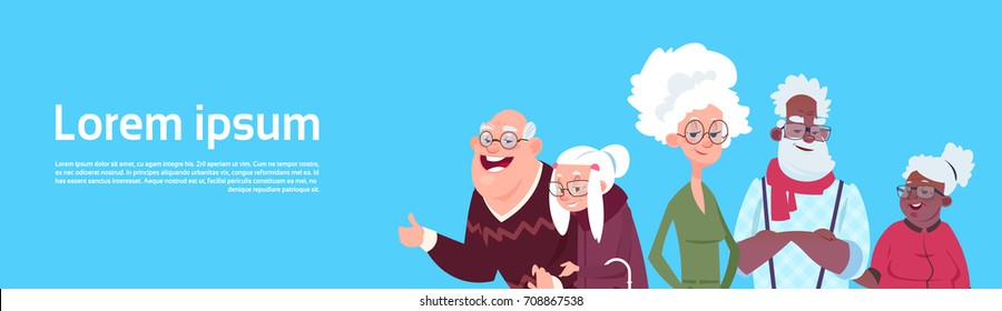 Mix Race Group Of Senior People Modern Grandfather And Grandmother Flat Vector Illustration