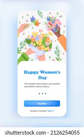 mix race hands holding bouquets 8 march happy international womens day celebration concept