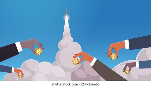 mix race hands holding crypto currency virtual money ballistic missile launching rocket successfully launched financing war