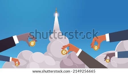 mix race hands holding crypto currency virtual money ballistic missile launching rocket successfully launched financing war
