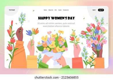mix race hands holding flower bouquets 8 march happy international womens day celebration concept