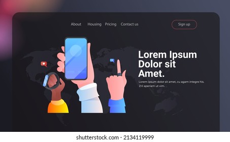 mix race hands using different gadgets digital addiction social media communication concept