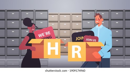 mix race HR managers couple holding cardboard boxes human resources recruitment concept filing wall cabinet data archive storage interior horizontal portrait vector illustration