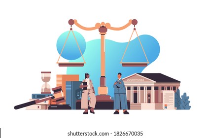 mix race lawyers discussing during meeting legal law advice justice concept gavel and judge book scales and courthouse horizontal full length vector illustration