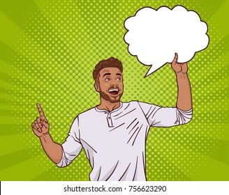 Mix Race Man Point Finger Up To Empty Chat Cloud Over Dot Pin Up Style Background Vector Illustration