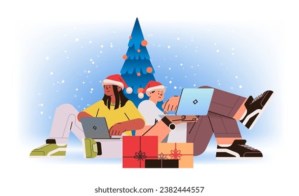 mix race man woman in santa hats near decorated christmas tree using laptops social media communication new year holidays celebration