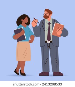 mix race man woman teachers couple standing together and discussing during meeting education day concept