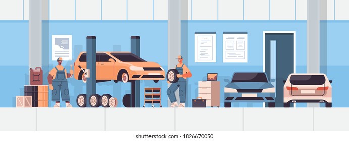 mix race mechanics working and fixing vehicle car service automobile repair and check up concept maintenance station interior horizontal vector illustration