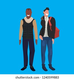 mix race men wearing winter clothes standing together male cartoon character full length blue background flat