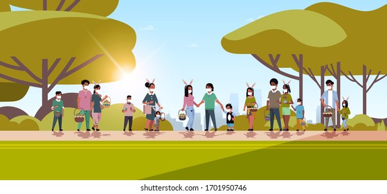 mix race men women holding baskets with eggs people wearing mask to prevent coronavirus celebrating happy easter holiday cityscape background horizontal full length vector illustration