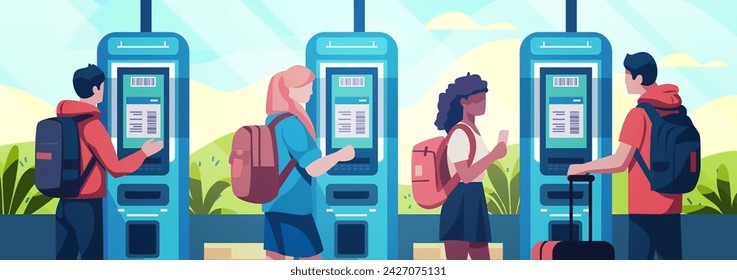 mix race passengers in arrival waiting room self check in at automatic machine or buying tickets in interactive terminal travel service concept
