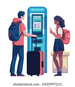 mix race passengers in arrival waiting room self check in at automatic machine or buying tickets in interactive terminal travel service concept