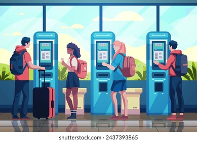 mix race passengers in arrival waiting room self check in at automatic machine or buying tickets in interactive terminal travel service concept