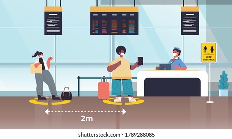 mix race passengers in protective masks standing at check-in counter keeping distance to prevent coronavirus social distancing concept airport terminal interior horizontal full length vector