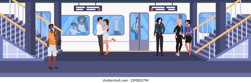 Mix Race Passengers At Subway Railway Underground Station Men Women Standing On Platform Waiting Train City Transport Concept Flat Horizontal Full Length Vector Illustration