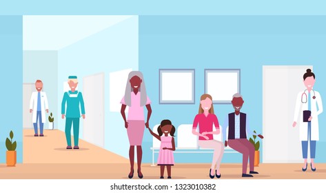 mix race patients and doctors in hospital waiting hall, healthcare concept medical clinic corridor interior horizontal flat