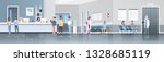 mix race patients standing line queue at hospital reception desk waiting hall doctors consultation healthcare concept medical clinic interior full length horizontal banner flat vector illustration