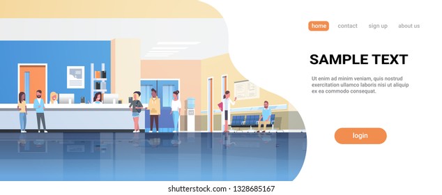 mix race patients standing line queue at hospital reception desk waiting hall doctors consultation healthcare concept medical clinic interior full length horizontal flat copy space