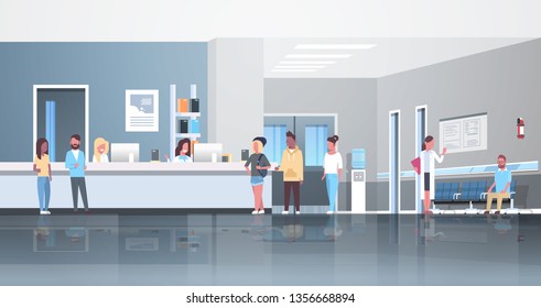 mix race patients standing line queue at hospital reception desk waiting hall doctors consultation healthcare concept medical clinic interior full length horizontal flat