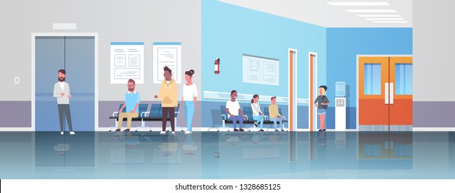 mix race patients waiting in line queue to doctor cabinet consultation and diagnosis healthcare concept medical clinic corridor interior horizontal banner flat