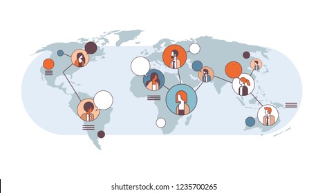 Mix Race People Avatar Social Media Global Communication Concept Internet Network Connection World Map Background Line Horizontal Isolated