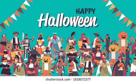 mix race people celebrating happy halloween party concept cute men women in different costumes standing together lettering greeting card portrait horizontal vector illustration