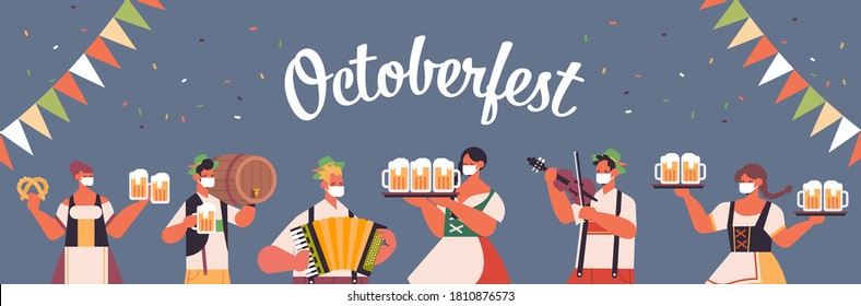 mix race people celebrating Oktoberfest party happy mix race people in german traditional clothes having fun portrait horizontal vector illustration