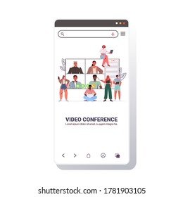 mix race people chatting during video call friends having online conference meeting communication concept smartphone screen mobile app copy space vector illustration