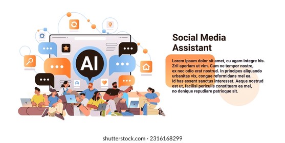 mix race people chatting on social media with ai helper bot assistant profile generation digital communication concept
