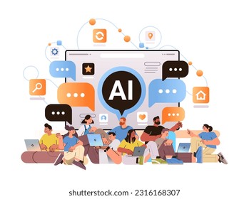 mix race people chatting on social media with ai helper bot assistant profile generation digital communication concept