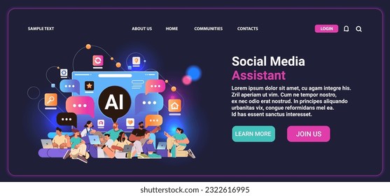 mix race people chatting on social media with ai helper bot assistant profile generation digital communication concept