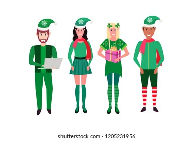 mix race people christmas elf santa helper concept standing together man woman different poses flat full length male female cartoon character isolated vector illustration