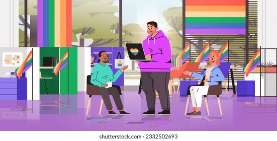 mix race people in colorful clothes working in office lgbt rainbow flag transgender love generation Z concept