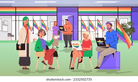 mix race people in colorful clothes working in office lgbt rainbow flag transgender love generation Z concept