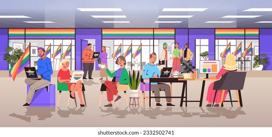 mix race people in colorful clothes working in office lgbt rainbow flag transgender love generation Z concept