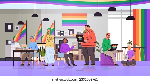 mix race people in colorful clothes working in office lgbt rainbow flag transgender love generation Z concept