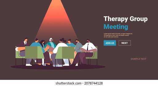 mix race people communicating while sitting in circle therapy group meeting addiction treatment concept