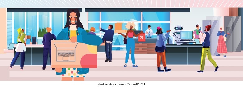 mix race people consumers in electronics store choosing and buying digital gadgets big sale shopping concept