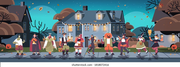 mix race people in costumes walking in town trick or treat happy halloween celebration coronavirus quarantine concept horizontal full length vector illustration