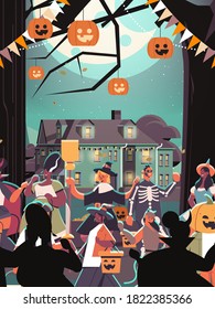 mix race people in costumes walking in town trick or treat happy halloween celebration coronavirus quarantine concept vertical portrait vector illustration