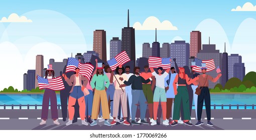mix race people crowd holding usa flags celebrating 4th of july american independence day concept city street cityscape background full length horizontal vector illustration